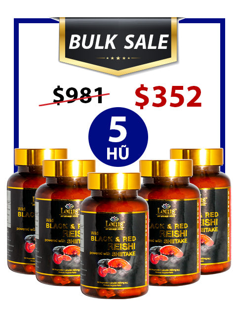 BULK SALE SAVING 5 HŨ - SUPER BLACK RED REISHI LINH CHI ĐỎ ĐEN NHẬT BẢN